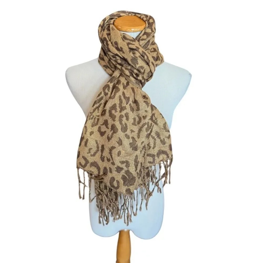 Womens Pashmina Animal Print Stunning Metallic Thread Fringe Scarf Shaw